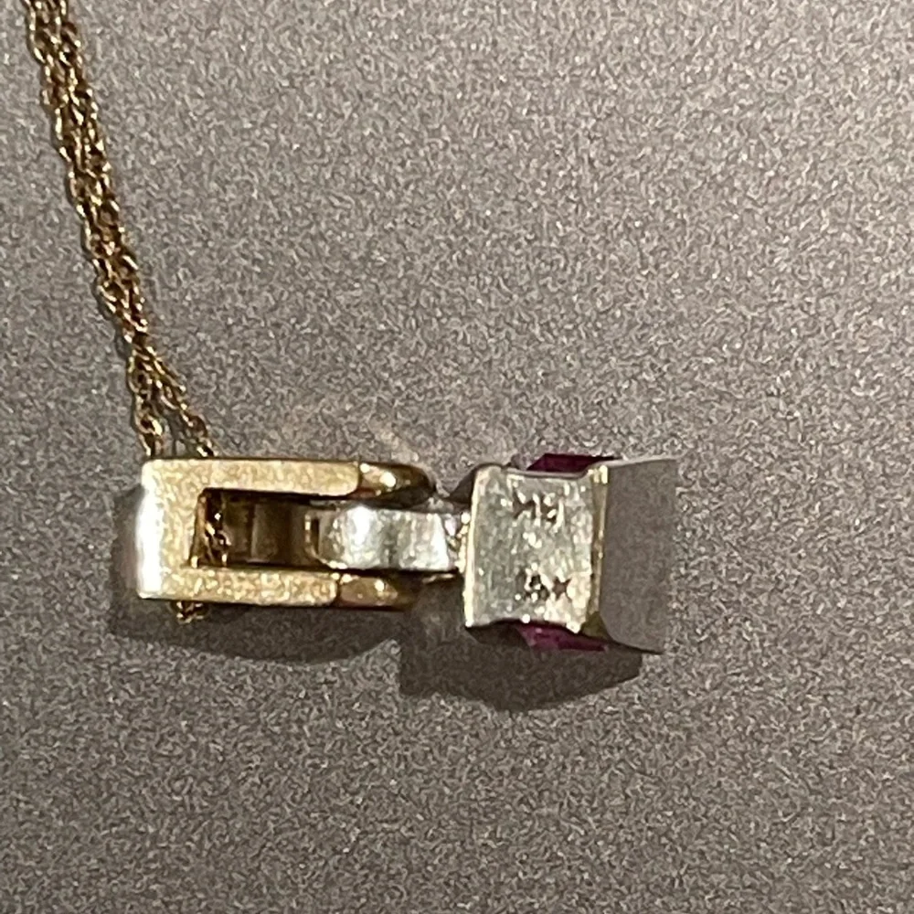 Pink sapphire, two tone, 14 karat gold modernist, diamond pendant - Picture 11 of 15